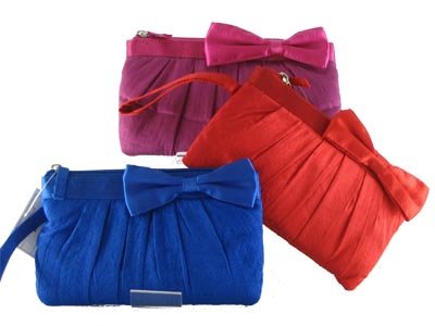 Bewitched Accessories Dupion Silk Clutch Purse With Wrist Strap And Satin Bow Detail