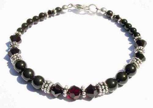 January Garnet Birthstone Beaded Pearl Bracelet- Sterling Silver Swarovski Crystal Bracelets