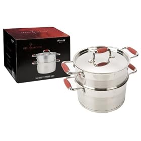 Ethos Hells Kitchen Steamer Set, Stainless Steel Red Handles, 20 cm
