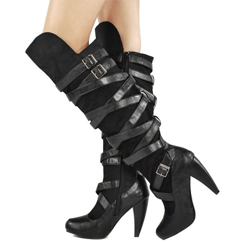 Nina10 Strappy Over the Knee Boots BLACK