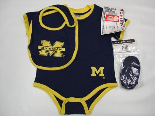 Michigan Wolverines NCAA Infants / Babys / Kids Blue and Yellow Creeper, Bib, and Bootie Set