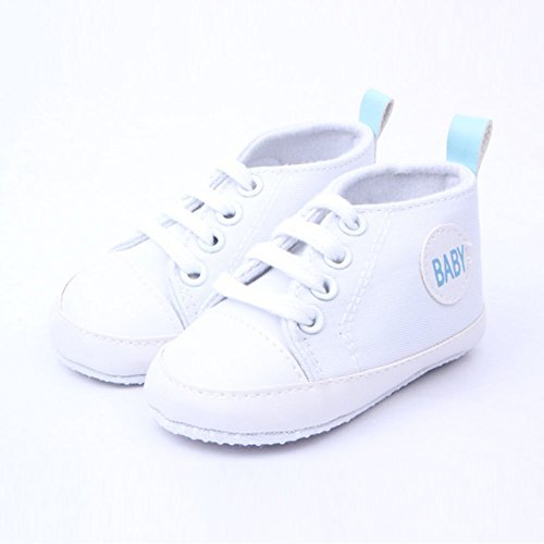 Cute Infant Toddler Baby Soft Sneaker Anti-skid Prewalker Casual Lace-up Canvas Trainers Crib Shoes (3-6 Months, White)