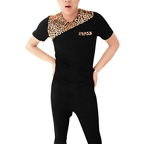 Allegra K Men Mock Chest Pocket Crew Neck Leopard Print Slim Tee Shirt
