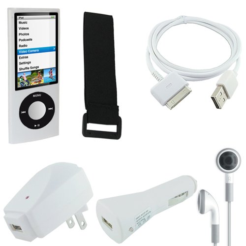 Apple iPod Nano 5th Generation (5G Video) Silicone Gel Skin Case Cover (CLEAR) w/ USB 2in1 Sync and Charging Data Cable, USB Car Charger, USB Wall / Travel Charger, Earphones