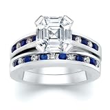 3.00 CT ASSCHER DIAMOND W ROUND BLUE SAPPHIRE RING SET