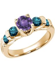 1.63 Ct Round Purple Amethyst Blue Diamond 18K Yellow Gold Ring