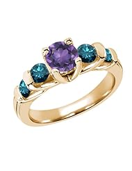 1.63 Ct Round Purple Amethyst Blue Diamond 14K Yellow Gold Ring