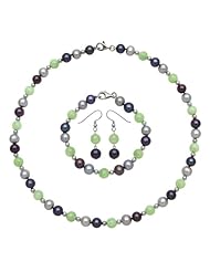 Black and Gray Freshwater Pearl and Green Jade Necklace, Bracelet and Earring Set