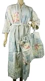Fine Blue roses floral cotton Terry cloth Lined French bathrobe with travel pouch