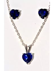 6mm Blue Sapphire Heart Stud Earrings and Pendant Set in Sterling Silver