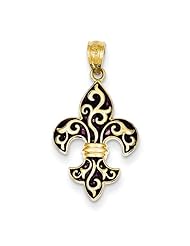 14k Yellow Gold and Black Enamel Fleur de lis Pendant 7/8"