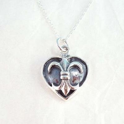Sterling Silver Fleur-de-lis Heart Charm Necklace