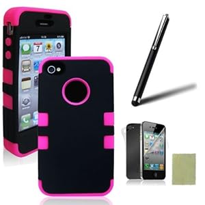 SQdeal® 3-PIECE HYBRID HIGH IMPACT HARD CASE FOR IPHONE 4 4S+STYLUS+F&B PROTECTOR (Pink&Black)