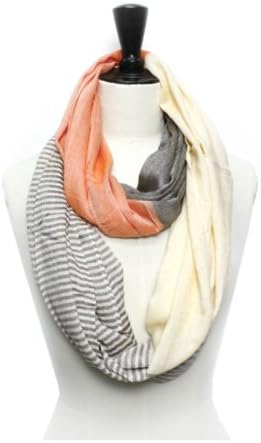 Stripe & Solid Color Block Infinity Scarf, Circle Loop Scarf (Peach-grey)