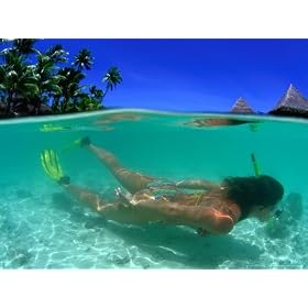 Woman Snorkelling in Shallow Tropical Water, French Polynesia Photographic Poster Print by Michael Aw, 64×48 thumbnail