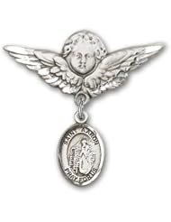 Sterling Silver Baby Badge with St. Aaron Charm and Angel with Wings Badge Pin