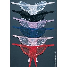 Sheer Crotchless Panty Sexy Lingerie Intimate Apparel with Butterfly Applique Pearl and Sequined Detail