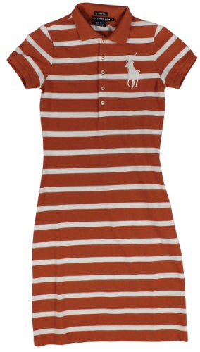 Ralph Lauren Sport Women's Big Pony Striped Skinny Polo Dress (Orange/White) (X-Small)