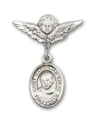 Sterling Silver Baby Badge with St. Maximilian Kolbe Charm and Angel with Wings Badge Pin