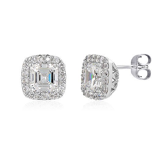 Sterling Silver Asscher Cubic Zirconia CZ Solitaire Stud Post Earrings