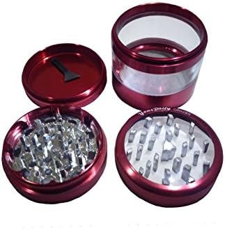 Herb Grinder-Your Daily Grinder-New Clear Top 4 Parts 2.5" wide 3 1/8 "tall-Large Transparent 3rd piece for Storage with Pollen Catcher-Best Used w/ dry Herb,Spice,Tobacco,Coffee Etc.-Cool Luxury Style Aluminum in RED-FREE Scraper-Lifetime Warranty