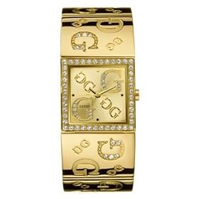GUESS Women's Swarovski Crystals Goldtone Etched Bangle Watch