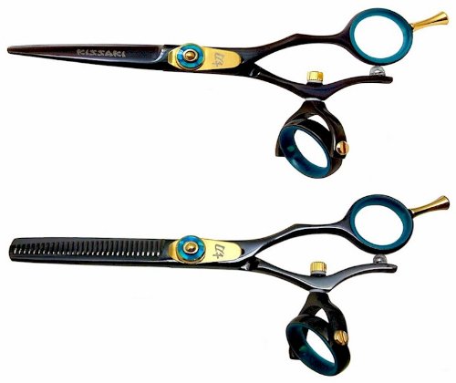 Kissaki Pro Hair Gokatana 55 and Kanagawa 30 tooth Black B Titanium Double Swivel Thumb Cutting Shears and Thinning Scissors Combo