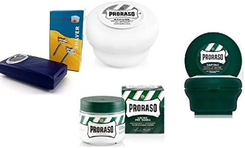 Pro'raso Shave Soap, Sensitive 150 ml + shaving soap menthol and eucalyptus 4oz + Shaving Factory Double Edge Safety Razor, Silver + Pre Shaving Cream w/ Menthol & Eucolyptus 100 ml