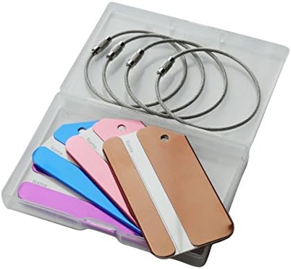 Assorted Colored Aluminum Metal Square Shape Travel Bag Suitcase Baggage Luggage Tag Label with Steel Cable Wire String (4 PCS, Blue & Rose & Purple & Brown)