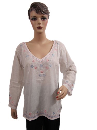 Womens Clothing Cotton Kurtis White Floral Embroidery Long Sleeve Tunic Top M