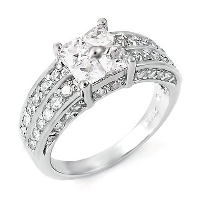 Fabulous Silver Engagement Ring with 4.00 Carat TW of Top Quality Diamond Colored Cubic Zirconia Expertly Fashioned into a Princess Cut Center and Complemented by Round Shaped Side Stones, Free Shipping, Sale Price Offer, Comes with Free Special Gift Pouch and Box