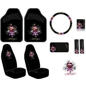 Ed Hardy Love Kills Slowly Seat Covers, Floor Mats, Steering Wheel Cover, Shoulder Belt Pads, Visor Organizer, Pouch and Decal 10-pc Set