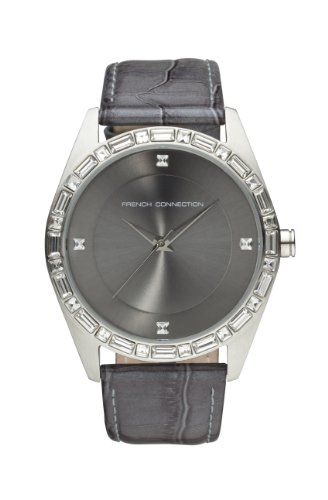 French Connection Women's FC1008SB Glossy Grey Croco Leather Strap Round Silver-Tone Stainless Steel Case Watch