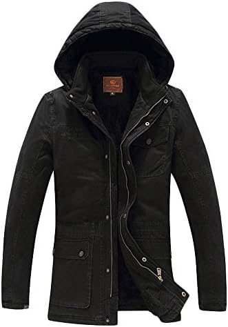 FJP Men's Casual Zip Up Buttoned Hooede Warm Cotton Coat L Black