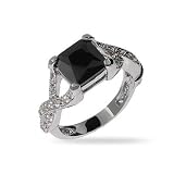 Eve's Addiction Princess Cut Onyx CZ Intricate Style Sterling Silver Ring