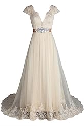 A-line V-neck Crystal Backless Lace Cap Sleeves Short Sleeves Tulle  Dress with a Brush/Sweep Train  With a Sash 