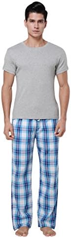 SHRI Men's 100% Cotton Super Soft Flannel Tartan Plaid Long Lounge Pajama Pants, Light Blue, XXL