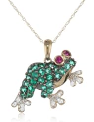 XPY 10k Yellow Gold Created Emerald and Ruby Diamond Frog Pendant (.01 cttw)