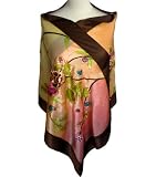 silkNOW Unique 3D Design Brown and Sun Tan Scarf, Hand Painted, Hand Embroidered, and Hand Beaded, 100% Pure Silk Satin with Beautiful Floral Pattern