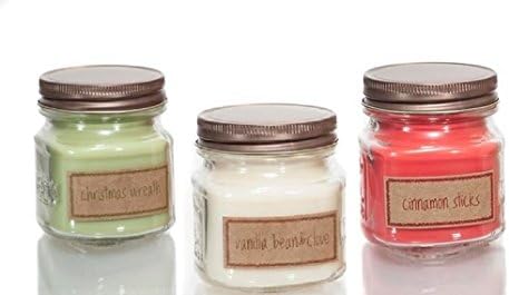 Eco Candle "CHRISTMAS GIFT" 3 Pack of Scented Soy Candles in 8oz Recycled Glass Mason Jars- Includes 3 Candles, one of each; Christmas Wreath, Vanilla Bean &amp; Clove and Cinnamon Sticks. USA Made