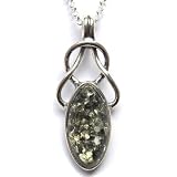 Green Amber and Sterling Silver Celtic Pendant, 18"