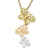 10k Pink, Yellow, and White Gold Diamond Triple Butterfly Pendant (1/8 cttw, I-J Color, I2-I3 Clarity), 18