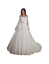 A-line Beaded Applique Lace Long Sleeves Bateau Neck Tulle  Dress with a Chapel Train  With a Sash 