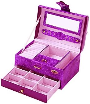 LS JEWELRY Crocodile Pattern Leather Double Layer Jewelry Organizer Box with Mirror and Drawer Purple