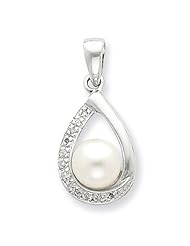 Sterling Silver 6mm FW Cultured Pearl & Diamond Teardrop Pendant