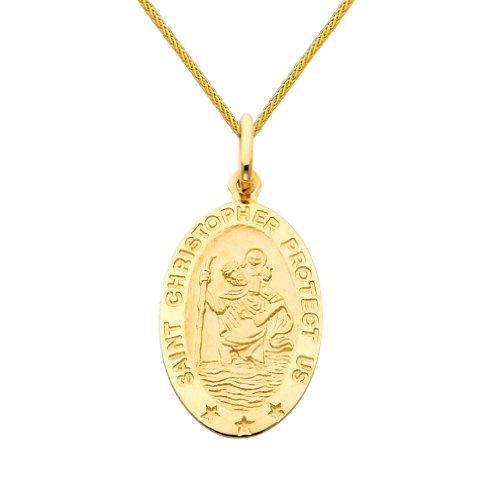14K Yellow Gold Large Religious Saint Christopher Medal Charm Pendant with Yellow Gold 0.9mm Braided Wheat Chain Necklace with Lobster Claw Clasp - Pendant Necklace Combination (Different Chain Lengths Available)