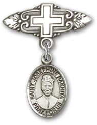Sterling Silver Baby Badge with St. Josephine Bakhita Charm and Badge Pin with Cross