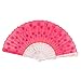 uxcell Embroidered Flower Cloth Plastic Ribs Folding Hand Fan Hot Pink White