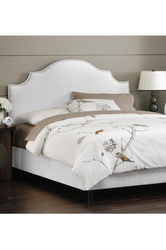 Notched With Nailheads Bed, QUEEN, VELVET WHITE Custom Upholstery