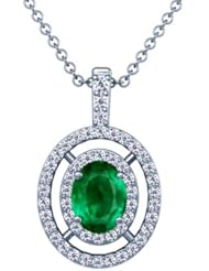 14K White Gold Oval Cut Emerald And Round Diamond Pendant